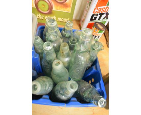 Box containing quantity of vintage marble bottles including local interest Lawrance of Great Yarmouth etc