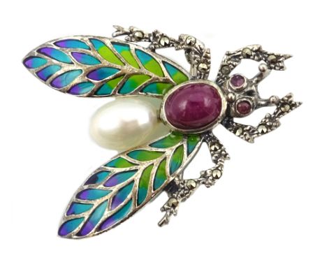 Silver ruby, marcasite, pearl and plique-a-jour insect brooch, stamped 925 Condition Report & Further Details Click here for 