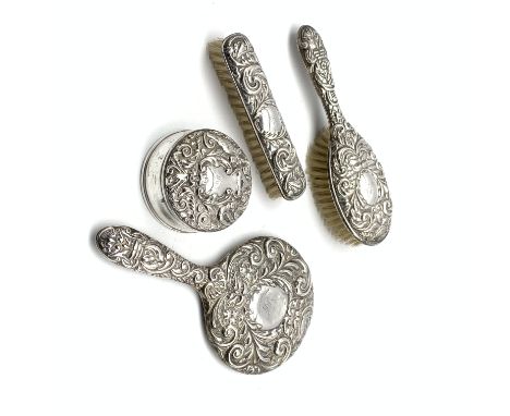 Silver backed four piece dressing table set comprising mirror, hair brush, clothes brush and ring box Birmingham 1968/9 Maker