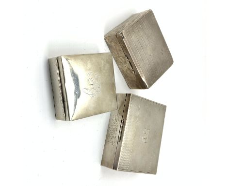 Engine turned silver cigarette box with inscription Birmingham 1957 11cm x 9cm x 4cm and two other silver cigarette boxes Con