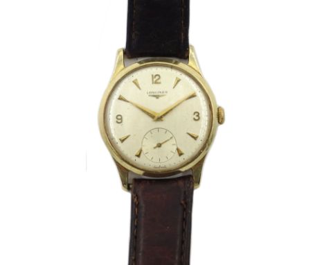 Longines 9ct gold gentleman's manual wind wristwatch, no 12841703, case by Aaron Lufkin Dennison, Birmingham 1964, on leather