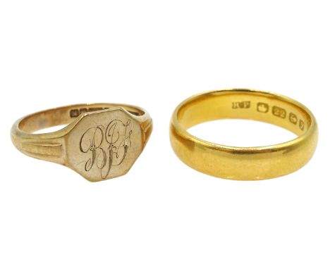 22ct gold wedding band, makers mark R.P Birmingham 1923 and 9ct gold signet ring, hallmarked Condition Report & Further Detai