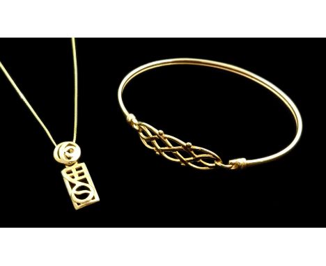 9ct gold Charles Rennie Mcintosh style pendant necklace, hallmarked and 9ct gold (tested) gold Celtic design hinged bangle Co