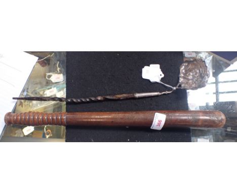 A HALLMARKED REPOUSSE SILVER TODDY LADLE with twisted horn handle, approximately 60gms and A TURNED HARDWOOD TRUNCHEON (2)