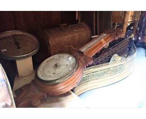 A CANVAS COVERED TRAVELLING TRUNK, bathroom scales and sundries