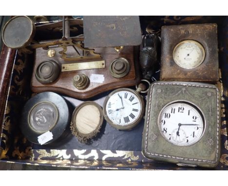 A SET OF BRASS POSTAL SCALES, pocket watches and sundries