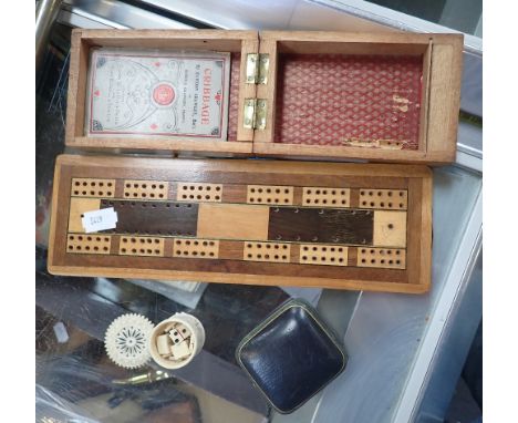 A FOLDING CRIBBAGE SET, another similar, miniature bone dominoes and other items