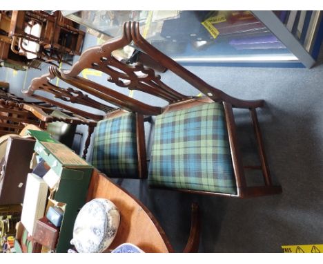 FOUR GEORGE III MAHOGANY CHIPPENDALE STYLE CHAIRS WITH TARTAN UPHOLSTERY DROP-IN SEATS and pierced splat