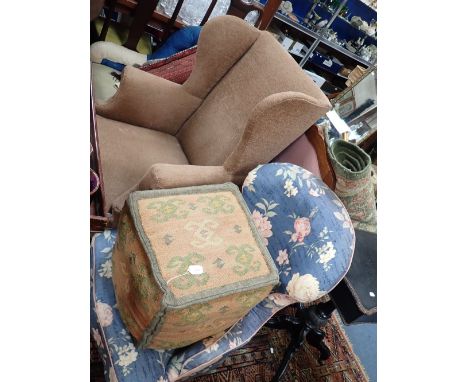 A VICTORIAN UPHOLSTERED CHAIR, another similar, a wing back chair and a pouffe (4)