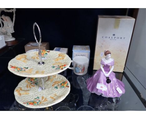 A CLARICE CLIFF 'CELTIC HARVEST' CAKE STAND, a Coalport figurine and other ceramics