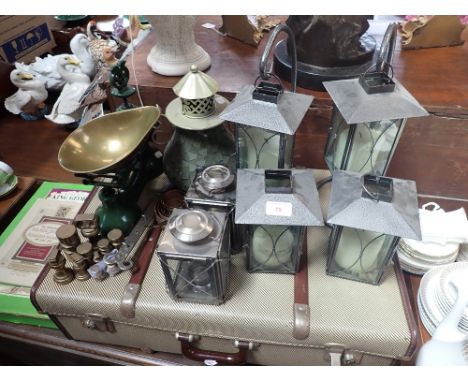 A COLLECTION OF METAL LANTERNS, a John Leech 'Punch' volume, copper measuring pans, scales and sundries