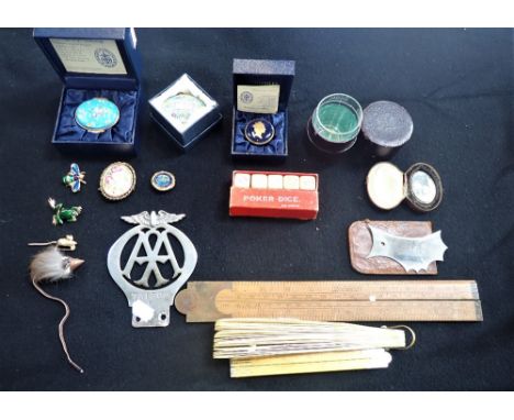 A COLLECTION OF ENAMEL BOXES, a 19th century brooch, jewellery and sundries