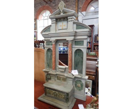 A 19TH CENTURY ITALIAN DOMESTIC SHRINE, in the form of a wooden scale model of an Italian Renaissance Church Altar, painted g