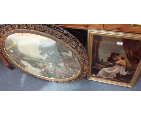 AN EDWARDIAN REVERSE GLASS PRINT depicting lovers and two prints in oval gilt frames (examine)