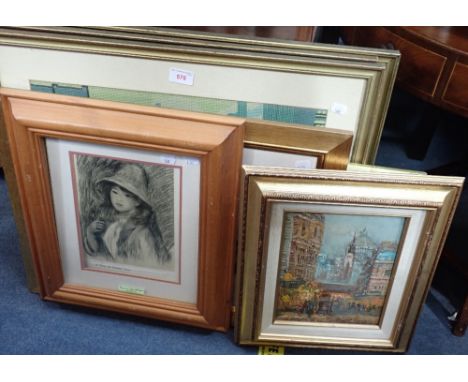 A COLLECTION OF WOOLWORK PICTURES IN THE STYLE OF L.S. LOWRY, an impressionist style oil painting of Ludgate Hill, a limited 