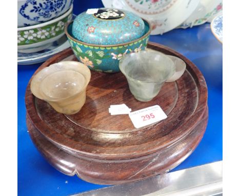 TWO SMALL CHINESE 'JADE' BOWLS, a hardwood stand, a cloisonne pot and cover and similar items