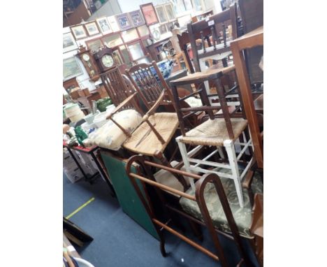 A COLLECTION OF CHAIRS, a folding card table and a towel rail (as lotted)