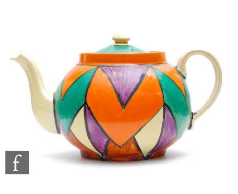 Clarice Cliff - Original Bizarre - A Globe shape teapot and cover circa 1928, hand painted with triangles and chevrons in ora