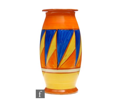 Clarice Cliff - Original Bizarre - A shape 264 vase circa 1928, hand painted with a band of tringles in blue, yellow and oran
