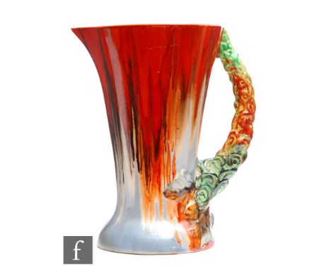 Clarice Cliff - My Garden (Flame) - A large shape 672 flower jug circa 1934, of footed flared form with a relief moulded hand