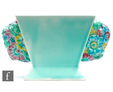 Clarice Cliff - My Garden - A shape 670 flower vase circa 1938 of footed, flared square section with relief moulded floral ha