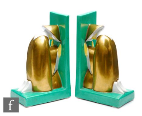 Robj - A pair of 1920s Art Deco porcelain bookends, 'Deux Disciples de Confucius en Priere', each modelled as a kneeling figu