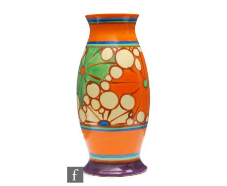 Clarice Cliff - Broth - A shape 266 vase circa 1928, hand painted with a deep band or star burst motifs and circles within or