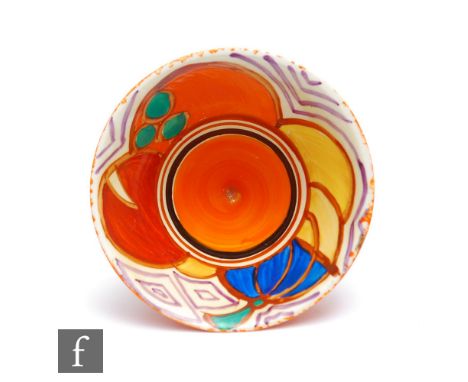 Clarice Cliff - Melon - A small conical sugar bowl circa 1930, hand painted with a band of abstract fruit with orange, black 