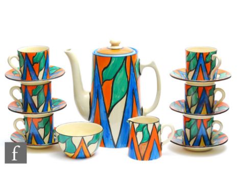 Clarice Cliff - Double V - A Tankard shape coffee set circa 1929, hand painted with a chevron and stylised foliate motif in o