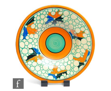 Broth - A large Clarice Cliff 18 inch ribbed charger circa 1929, hand decorated around the border with a deep band of abstrac