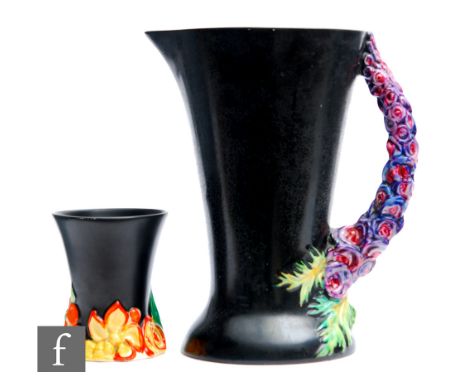 Clarice Cliff - My Garden (Night) - A large shape 672 flower jug circa 1934, of footed flared form with a relief moulded hand