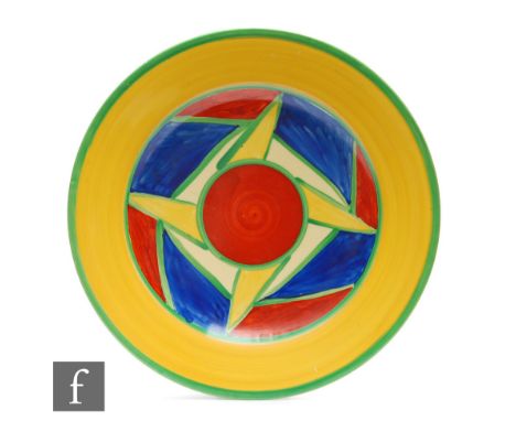 Clarice Cliff - Original Bizarre - A circular side plate circa 1928, hand painted with a radial triangular panel design in ru