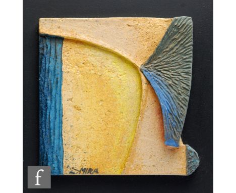 Mira - A contemporary abstract ceramic plaque in tones of blue and yellow, mounted to a square black wooden board, signed, 33