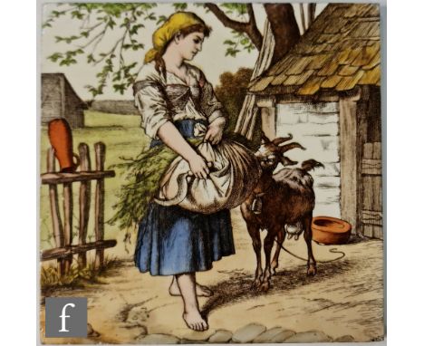 William Wise - Minton - A 6 inch tile decorated with the scene of a girl with bundle of cloth being nudged by a goat. 