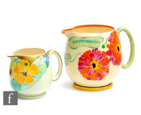 Grays Pottery - Two 1930s Art Deco Paris shape water jugs, the first decorated in pattern A581 with large orange and red flow