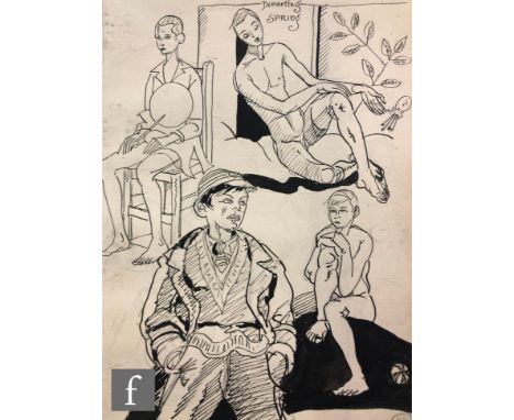 Albert Wainwright (1898-1943) - Departing Spring, a sketch depicting multiple male figures including two seated figures above
