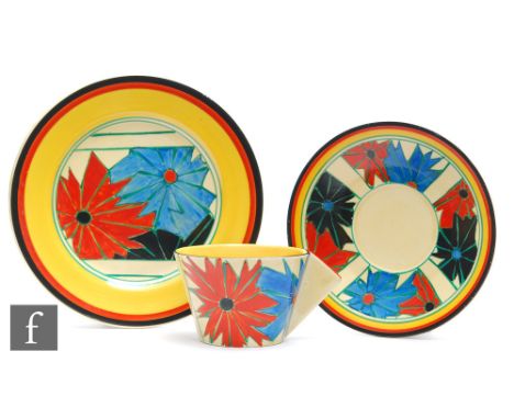 Clarice Cliff - Umbrellas - A Conical shape tea cup, saucer and side plate circa 1929, decorated in full with panels of starb