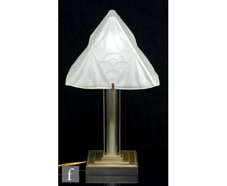 Degue (Degué) - A French Art Deco glass and chrome table lamp circa 1925 to 1930, the chrome plated square stepped base risin