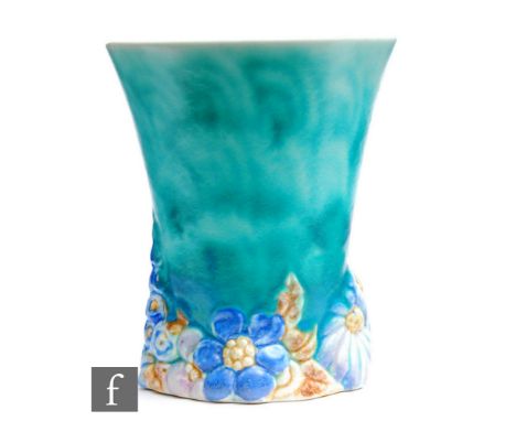 Clarice Cliff - My Garden Inspiration - A shape 675 vase circa 1934, relief moulded to the base with flowers and foliage bene