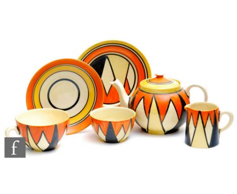 Clarice Cliff - Diamonds - An early Globe shape Bachelor tea set comprising teapot, milk, sugar, tea cup, saucer and side pla