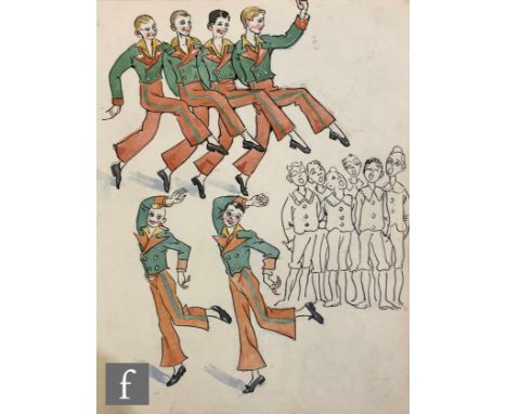 Albert Wainwright (1898-1943) - A sketch depicting a line of dancing boys in red and green costumes, with a line drawing of s