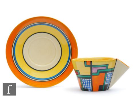 Clarice Cliff - Football - A Conical shape tea cup and saucer circa 1930 hand painted with a block, line and net design with 