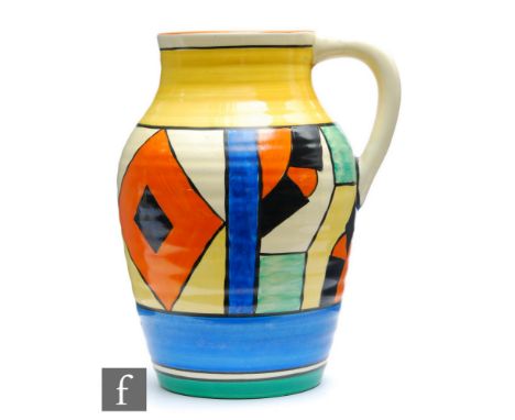 Clarice Cliff - Diamonds - A 10 inch single handled Lotus jug (Isis size) circa 1929, hand painted with repeat panels of diam
