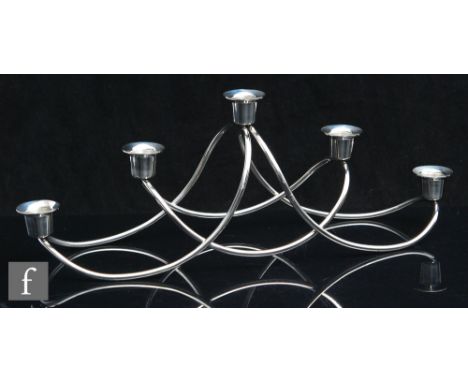 Georg Jensen - A steel framed Harmony five light candle table centre piece, of organic form, stamped marks, width 42cm. 