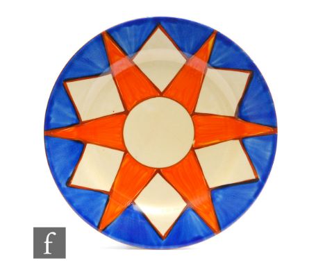 Clarice Cliff - Original Bizarre - A circular side plate circa 1930, radially hand painted with triangles and diamonds in blu