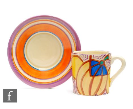 Clarice Cliff - Melon - A Tankard shape coffee can and saucer circa 1930, hand painted with a band of abstract fruit with pin