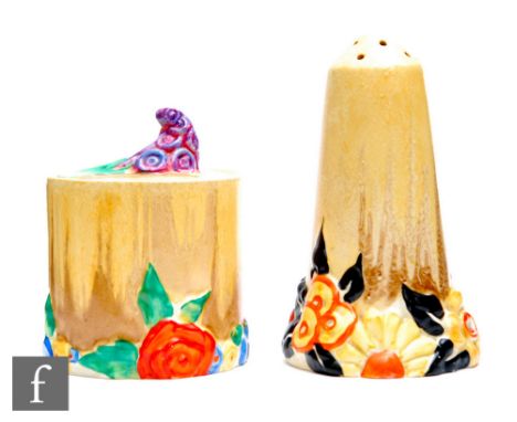 Clarice Cliff - My Garden - A sugar sifter circa 1934, the base relief moulded with flowers and foliage beneath a tapered con