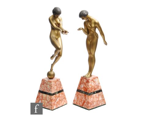 Unknown - Two Art Deco gilded spelter figures modelled as female nudes, circa 1930s, the first holding a dragonfly and the se