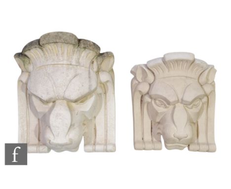 Unknown - Two Art Deco style reconstituted stone architectural lion wall masks, with angular features and stylised mane, larg