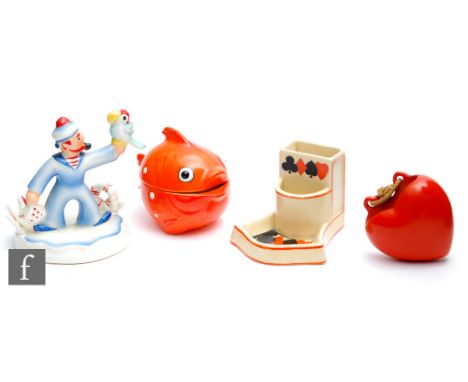 Various - Four assorted 1930s and later novelties comprising a Royal Dux figure of a sailor holding aloft a parrot, a Goebel 